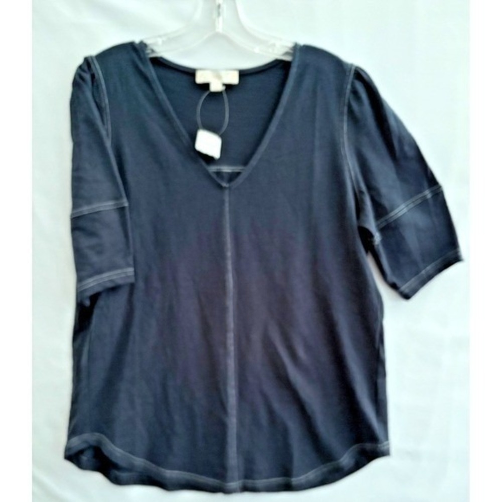 Weekend w Suzanne Betro Womens Shirt Blue pleated back mid sleeve Preppy M‎ NWT
